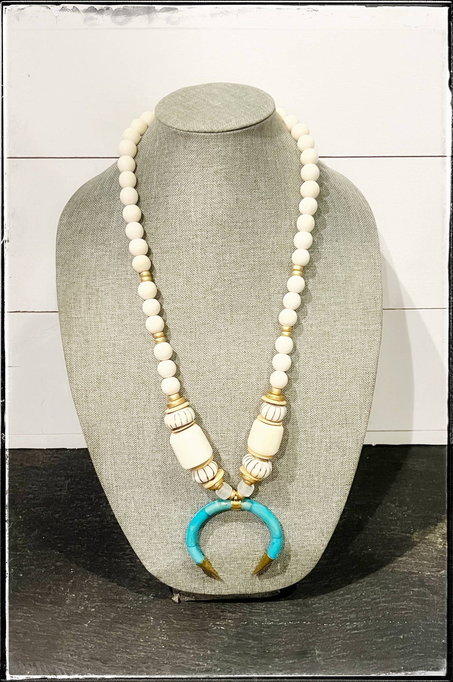 Wood & Afr. Bead w/ Turq. Pendant - Stripe African Bone Bead