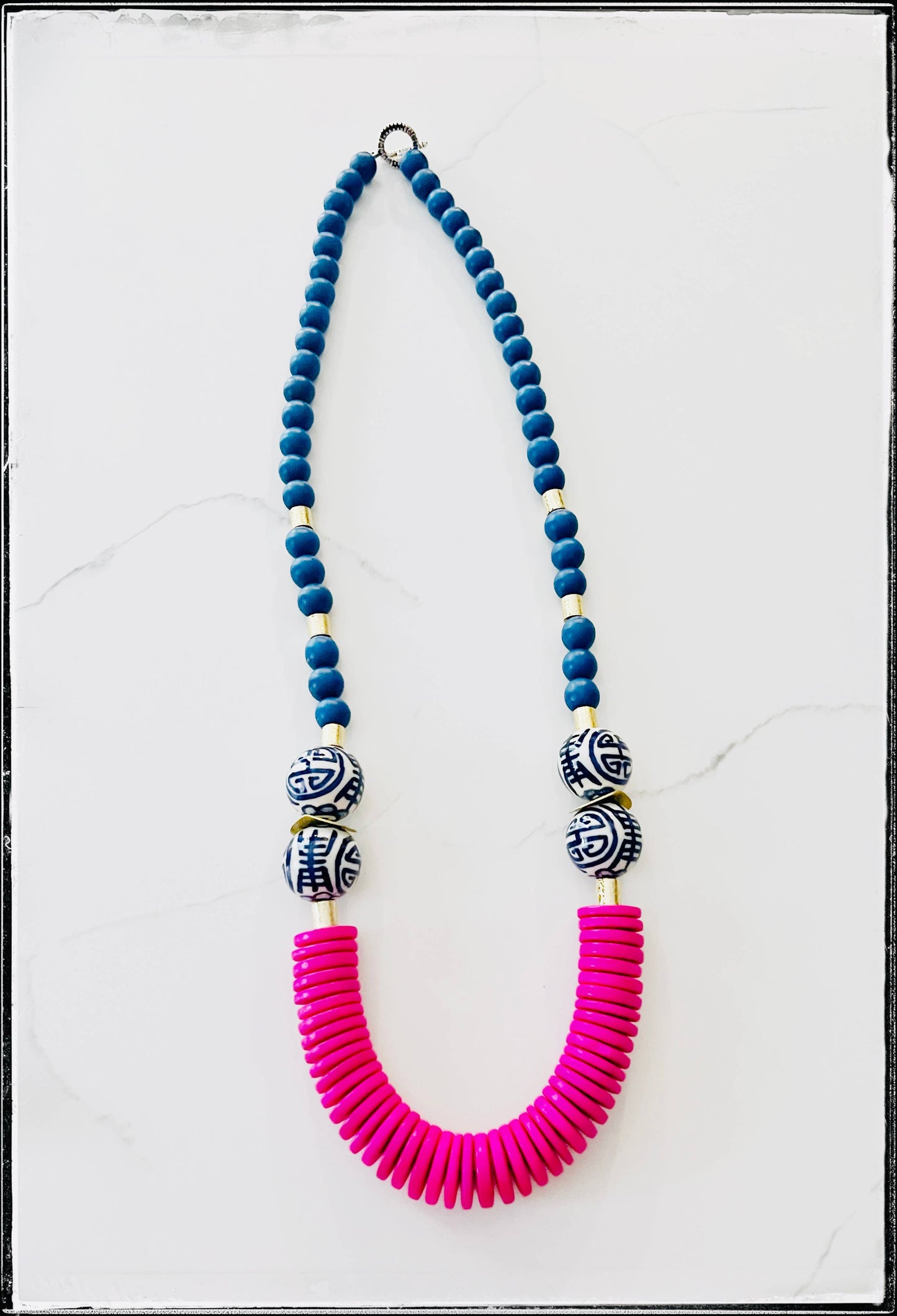 Coconut Wood Bead & Handpainted Chinoiserie Necklace- Blue
