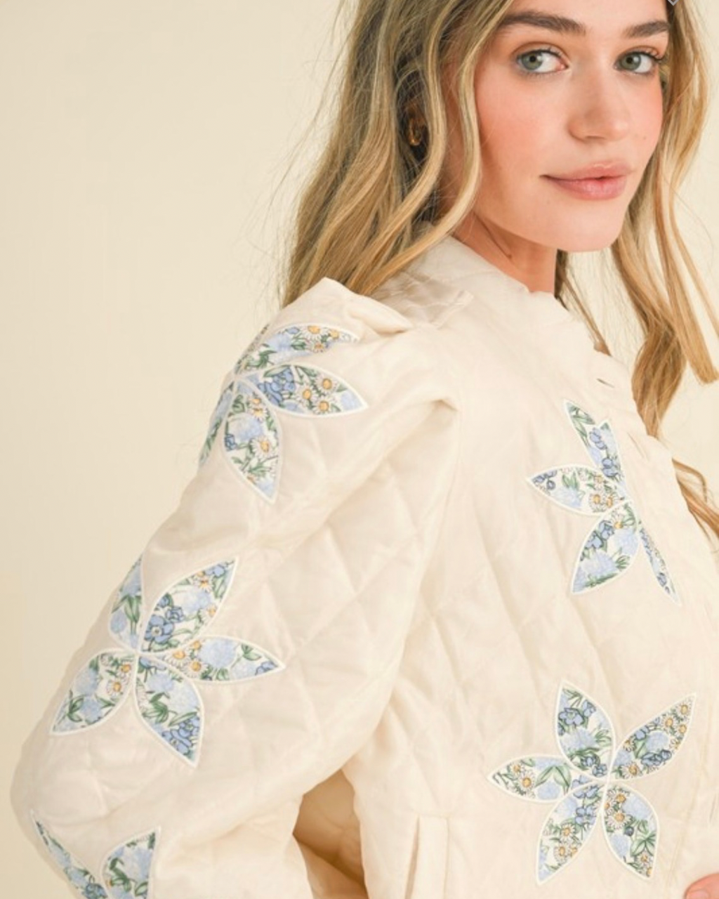 Cream Quilted Applique Floral Jacket