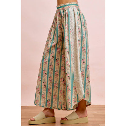 FLORAL EYELET SIDE ELASTIC WAIST WIDE LEG PANTS