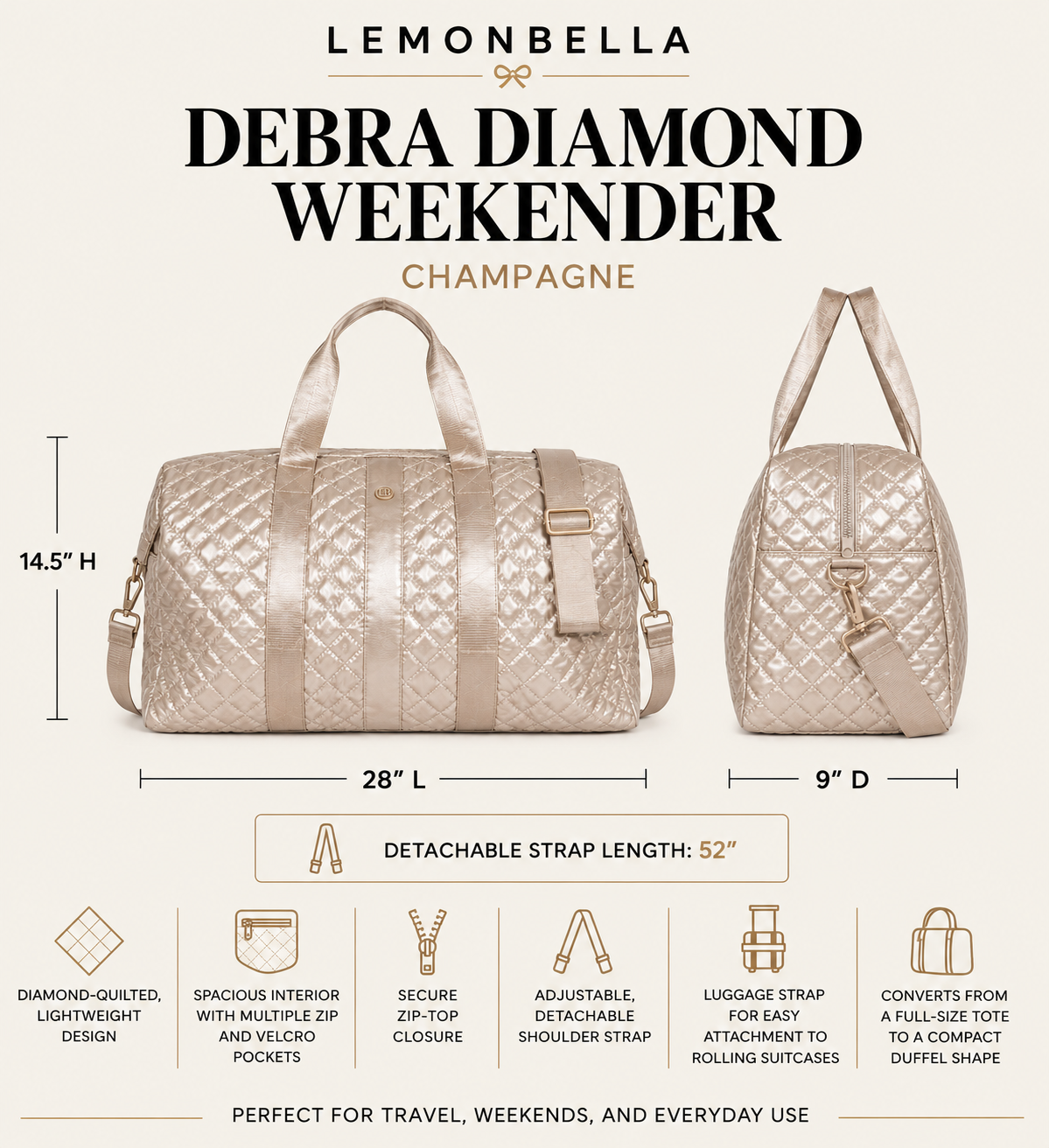 Diamond Quilted Weekender Duffel Bag | Champagne