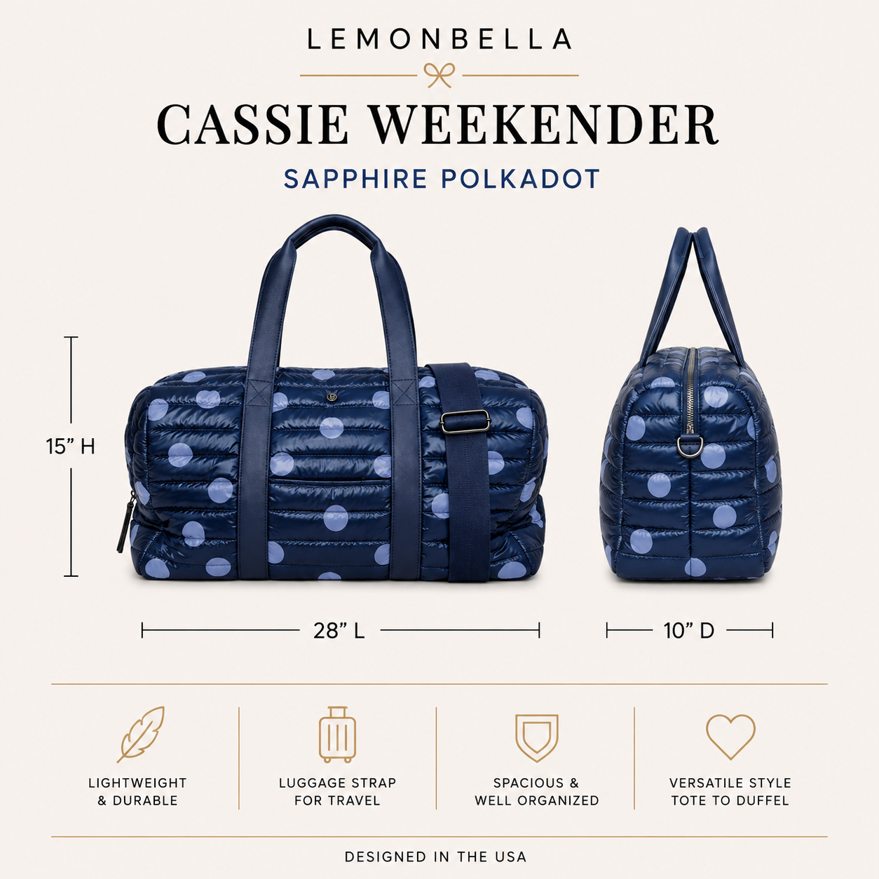 Cassie Weekender Duffel Bag | Sapphire Polkadot
