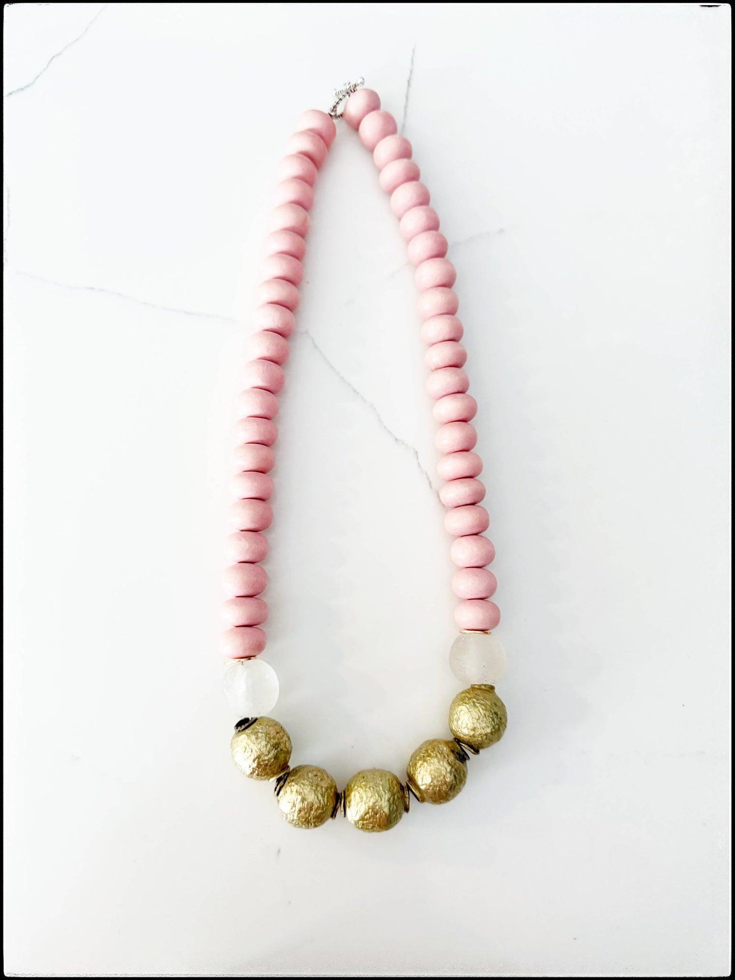 Brass Round Bead Midi Necklace Wood & Recycled Glass Pink