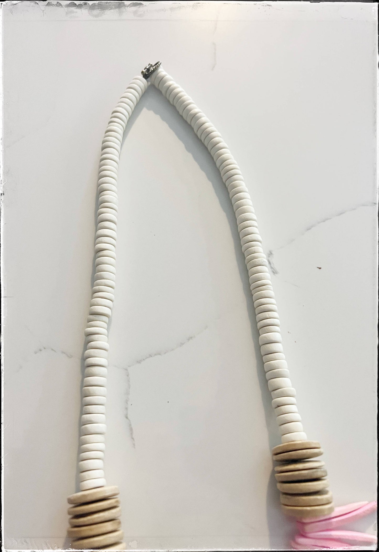 Pink & Tan Coconut Wood Stick & Disk Bead Necklace