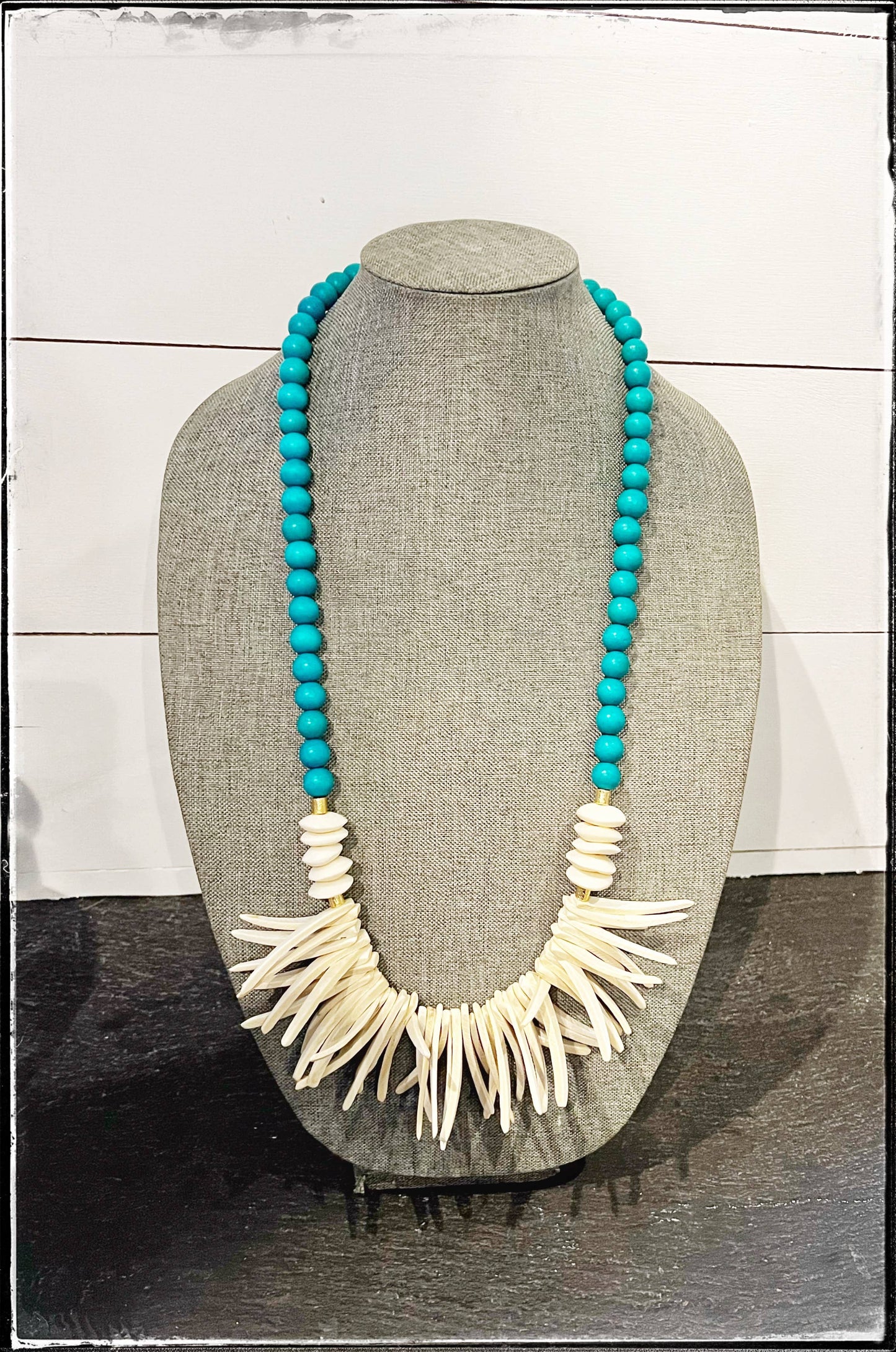 African Bone Disk Bead & Turquoise Wood Stick Bead Necklace