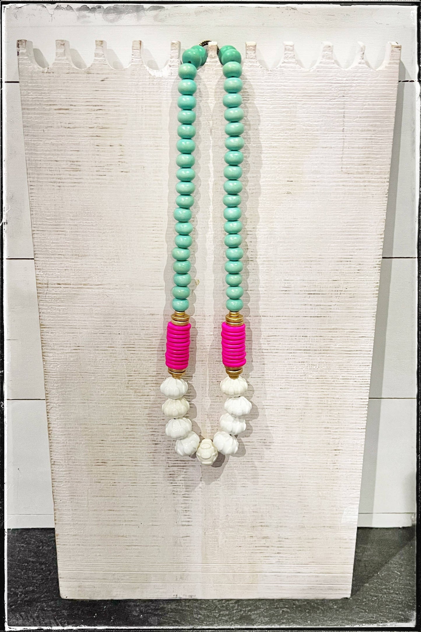 White Ceramic Glass Beads & Pink Coconut Wood Bead Necklace