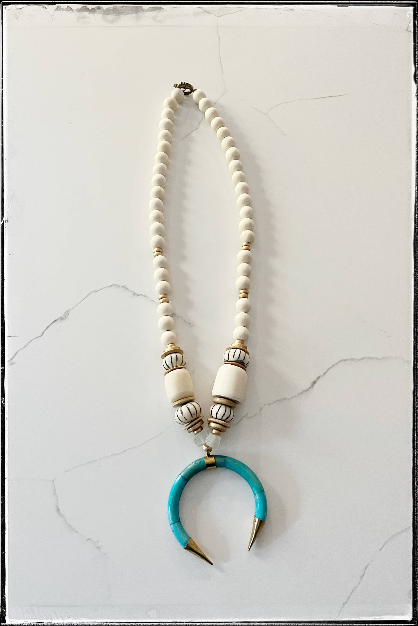 Wood & Afr. Bead w/ Turq. Pendant - Stripe African Bone Bead