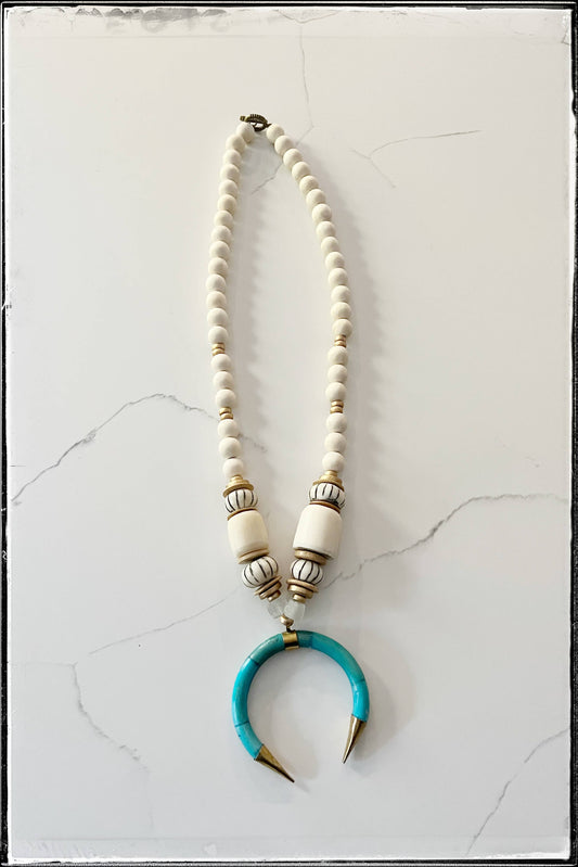Wood & Afr. Bead w/ Turq. Pendant - Stripe African Bone Bead