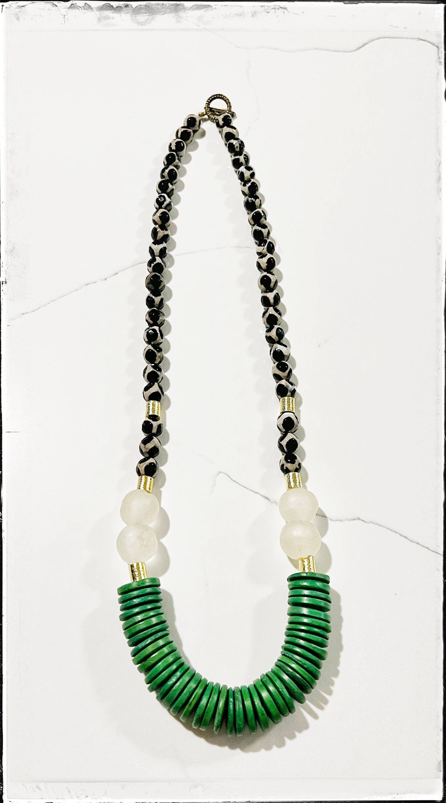 Ceramic Black Giraffe Glass & Coconut Wood Bead Necklace