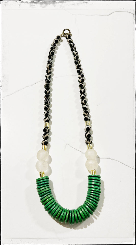 Ceramic Black Giraffe Glass & Coconut Wood Bead Necklace