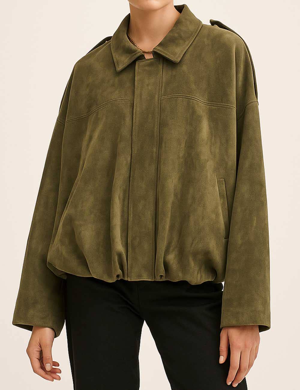 Olive Faux Suede Bomber