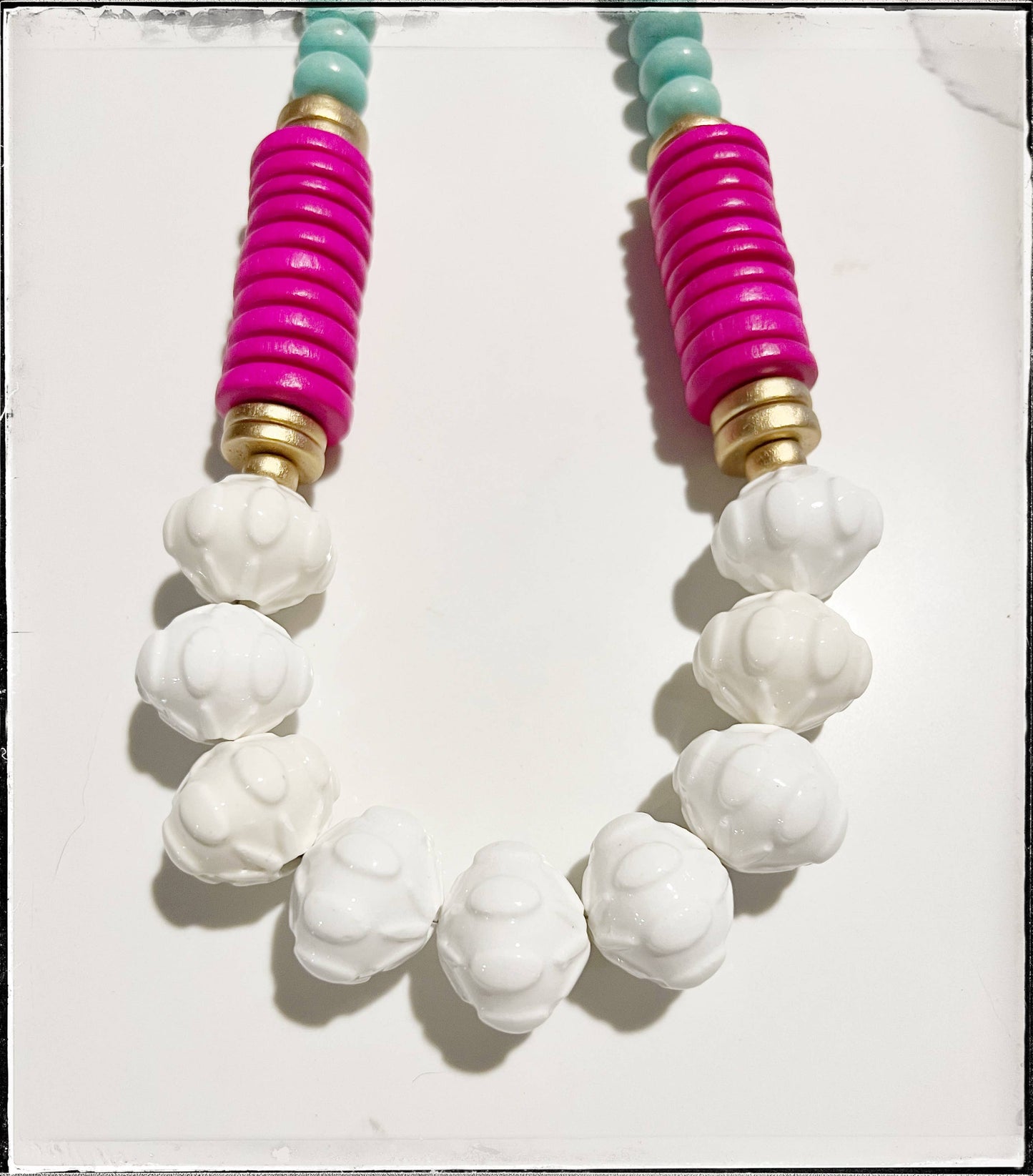 White Ceramic Glass Beads & Pink Coconut Wood Bead Necklace