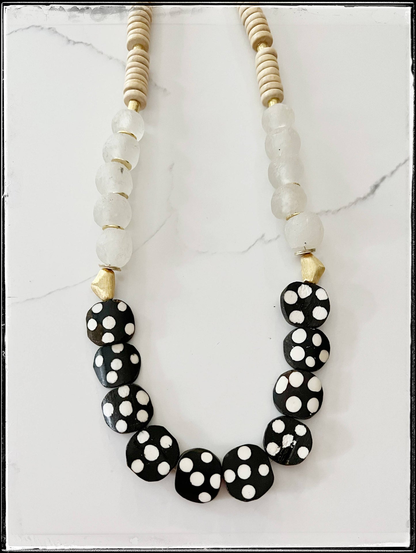 Tan Coconut & Polka Dot African Bone Bead Long Boho Necklace