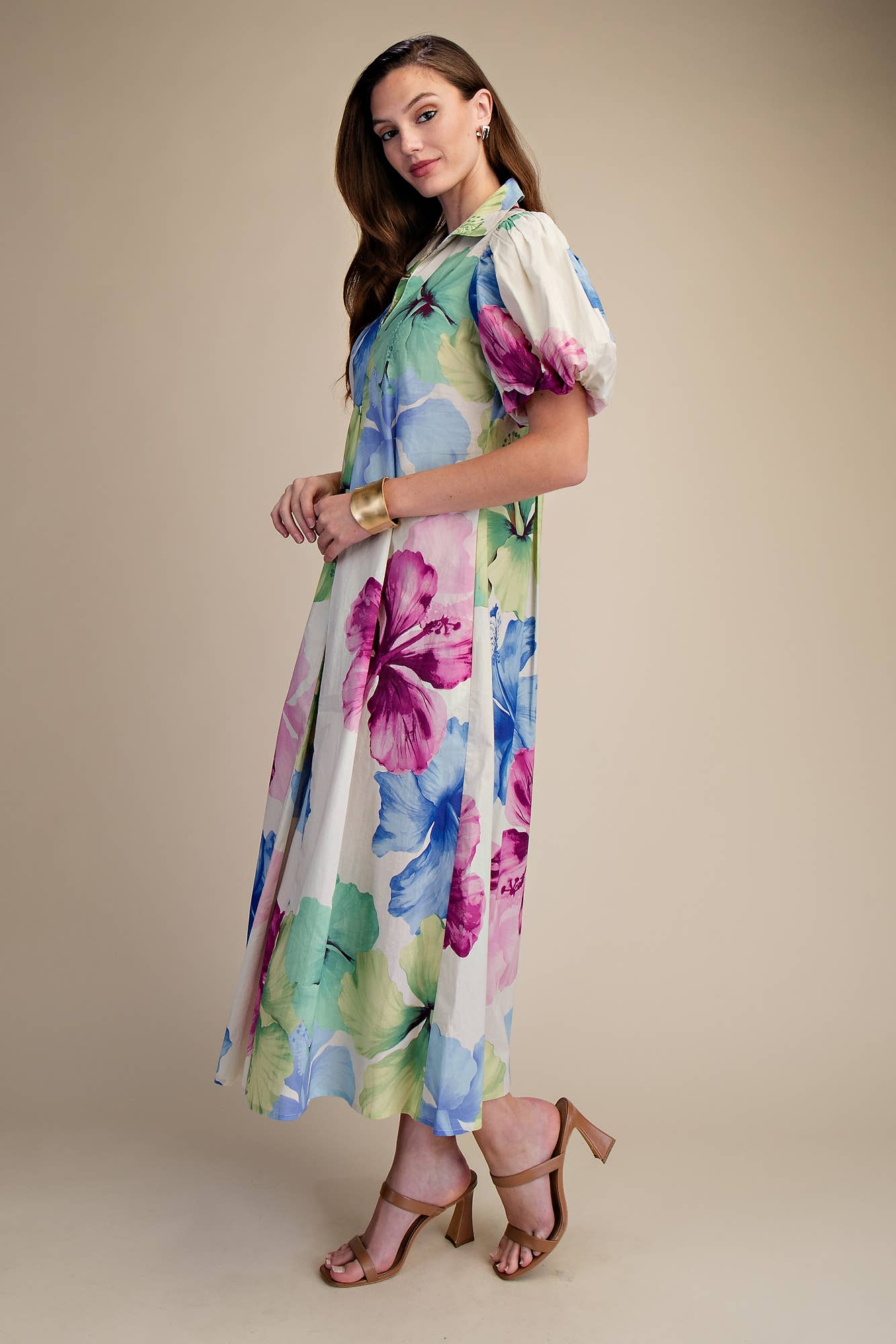 Collar V-Neck Pleated Midi Dress | Glam