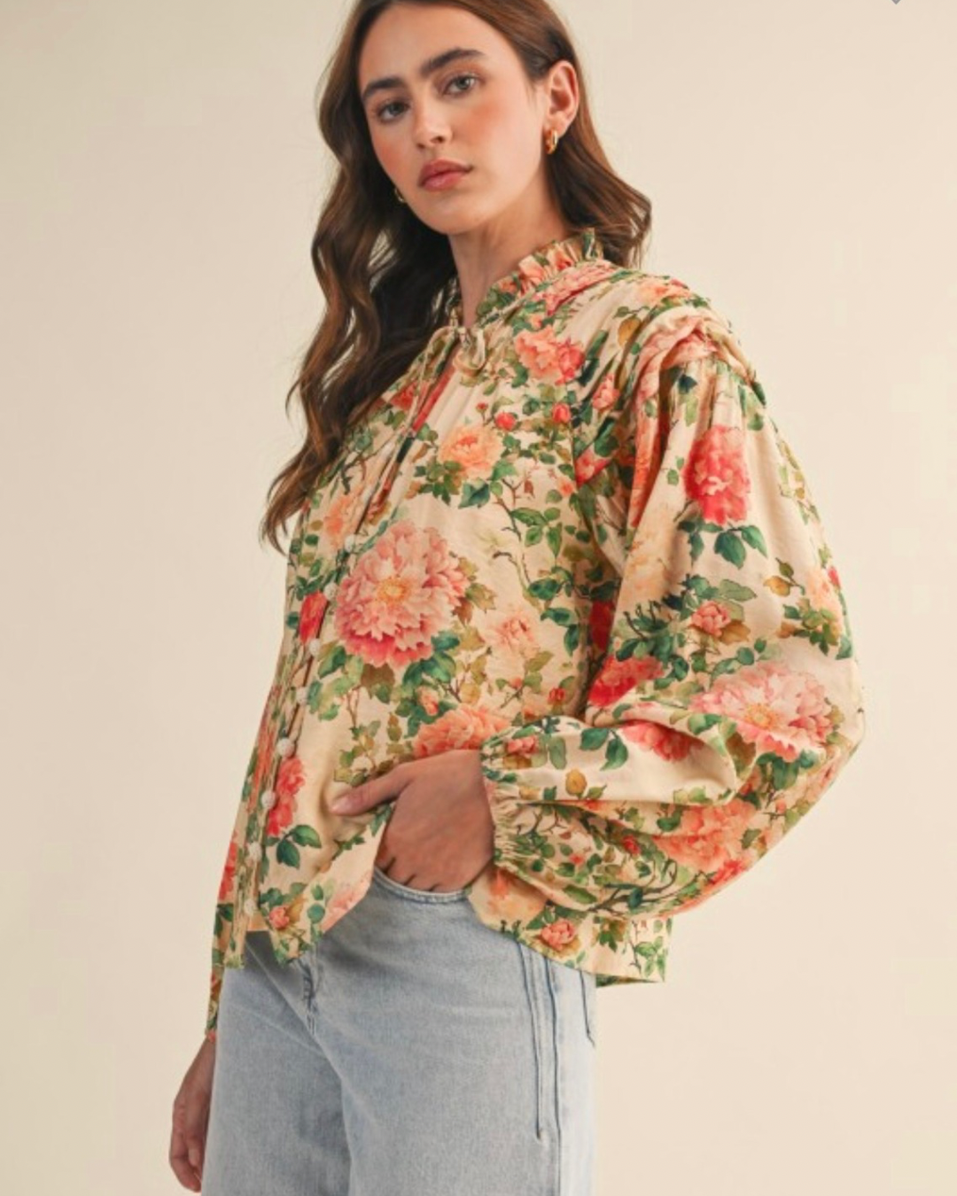 Pre Order: Floral Ruched Beaded Button Down