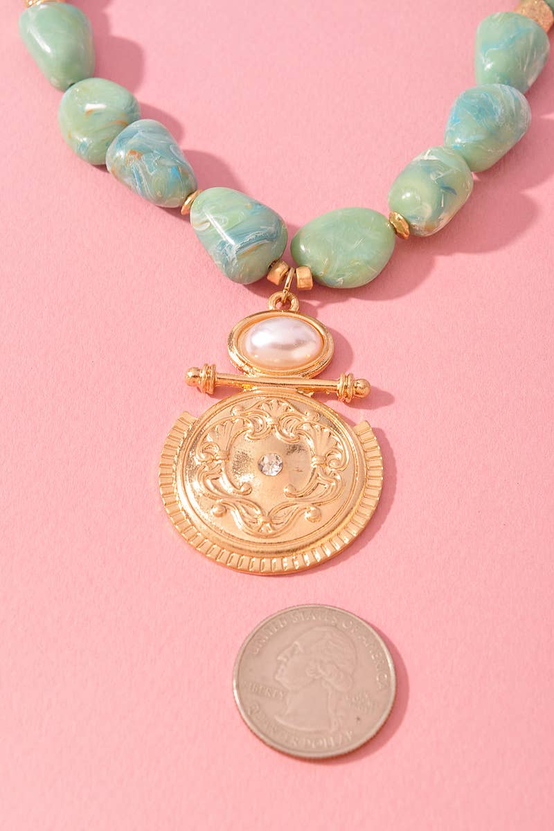 Mint Marble Beaded Medallion Pendant Necklace