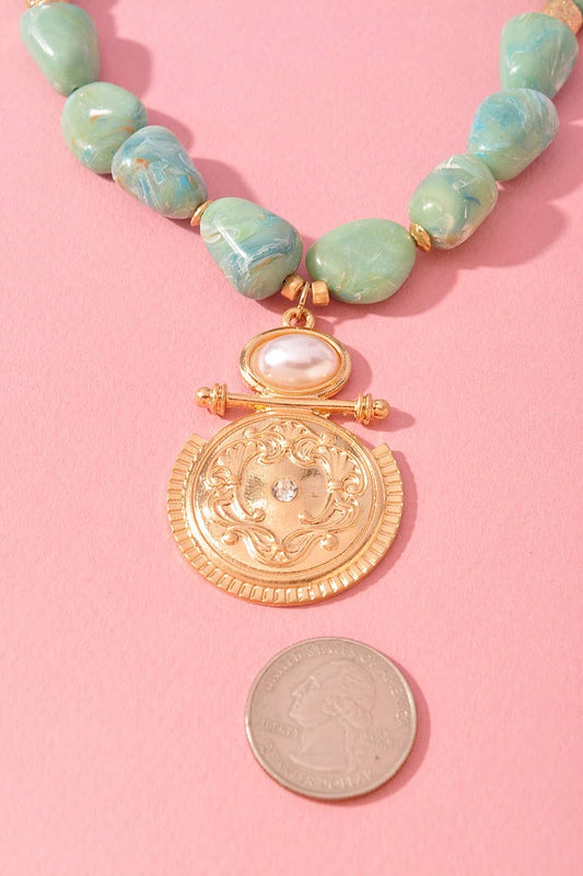 Mint Marble Beaded Medallion Pendant Necklace