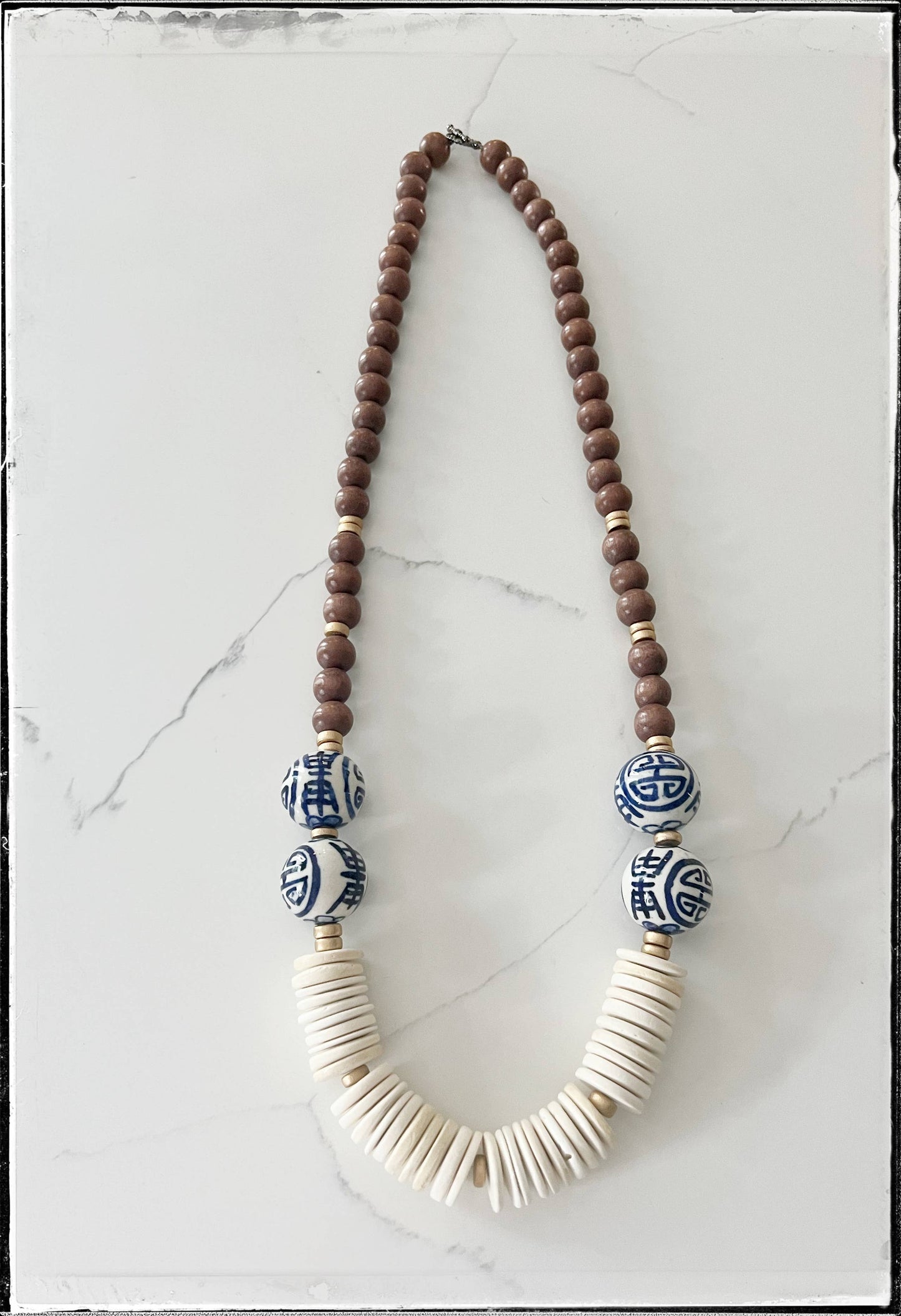Blue Ceramic Chinoiserie Glass Bead & Wood Necklace- Tan
