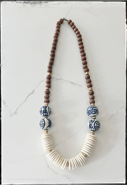 Blue Ceramic Chinoiserie Glass Bead & Wood Necklace- Tan