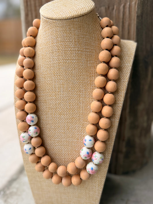 Double Layer Pink Chinoiserie & Wood Statement Necklace