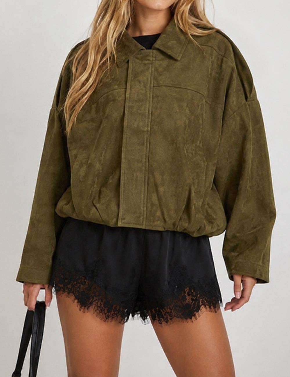 Olive Faux Suede Bomber