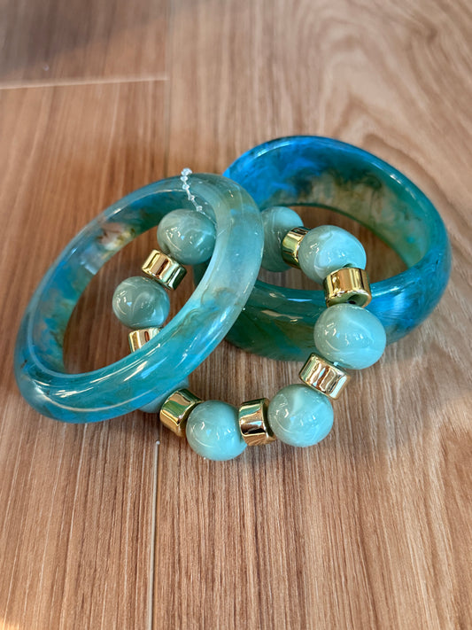 Marble Resin Wide Bangles And Elastic Beads Bracelet Set