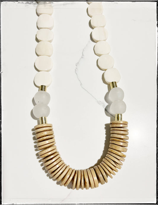 White African Bone Flat Bead Long Statement Necklace