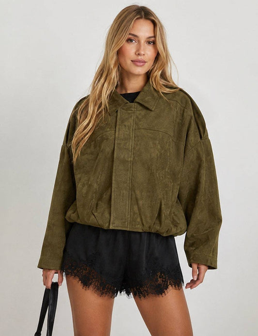 Olive Faux Suede Bomber