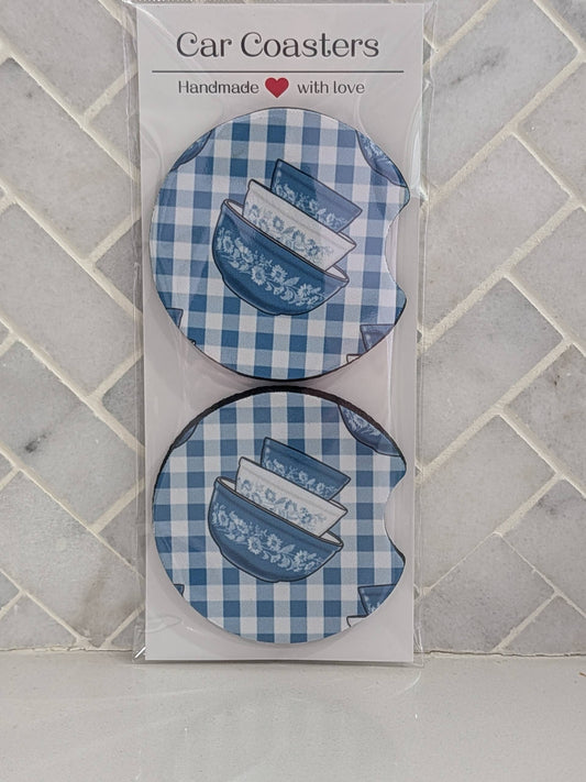 Blue Gingham Vintage Bowl Car Coasters