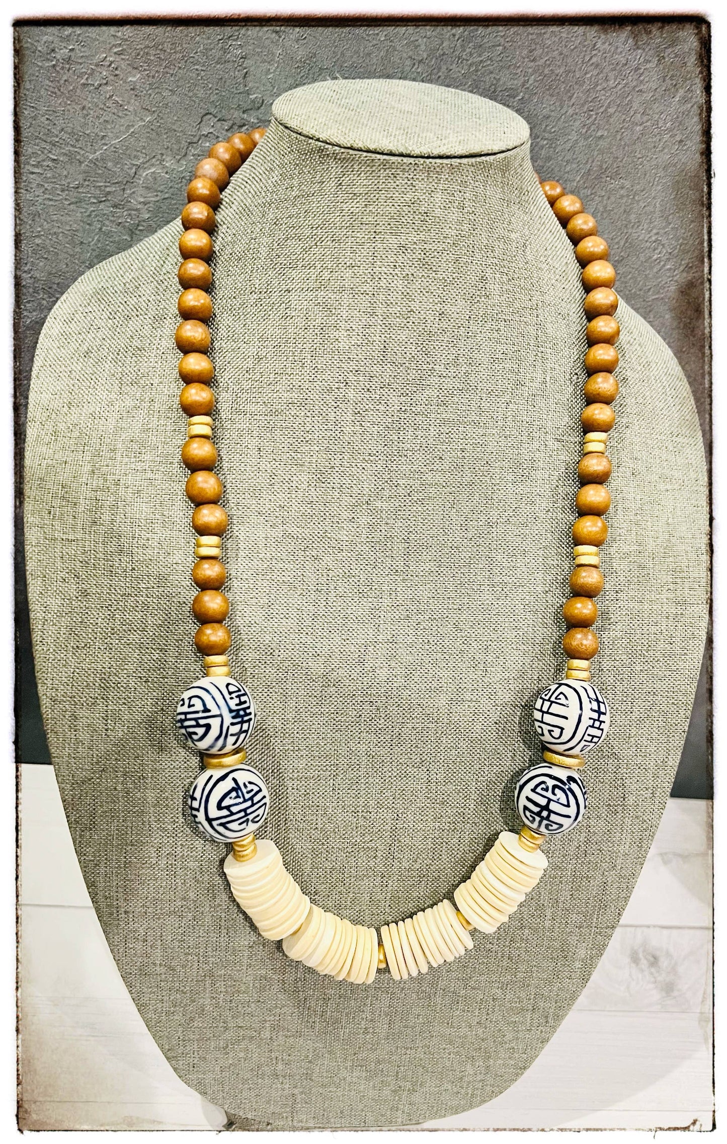 Blue Ceramic Chinoiserie Glass Bead & Wood Necklace- Tan