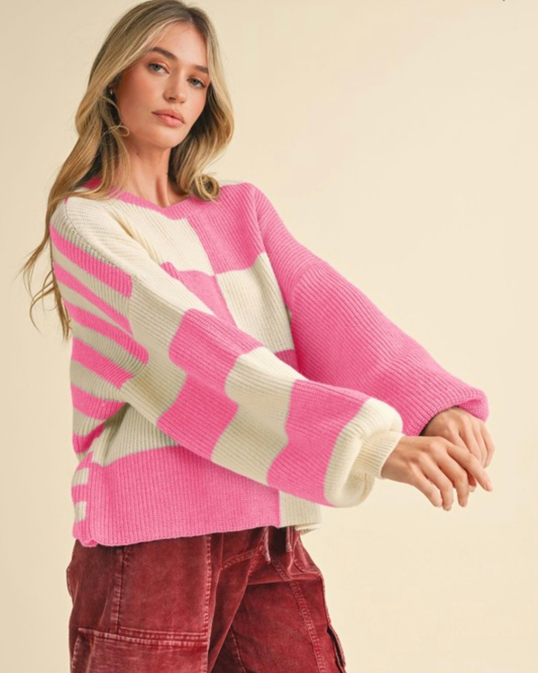 Oversized Salmon Pink Color Block Sweater