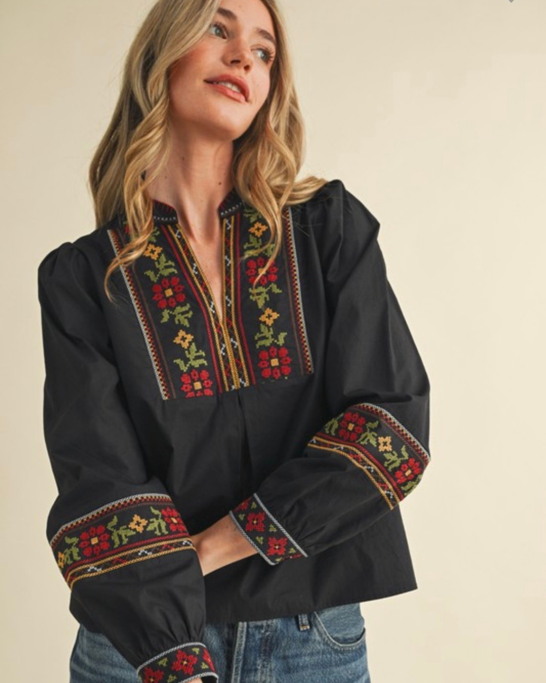 Cross Stitch Embroidered Puff Sleeve Top