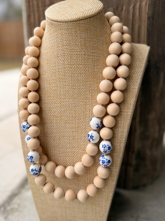 Double Layer Blue Chinoiserie & Wood Statement Necklace