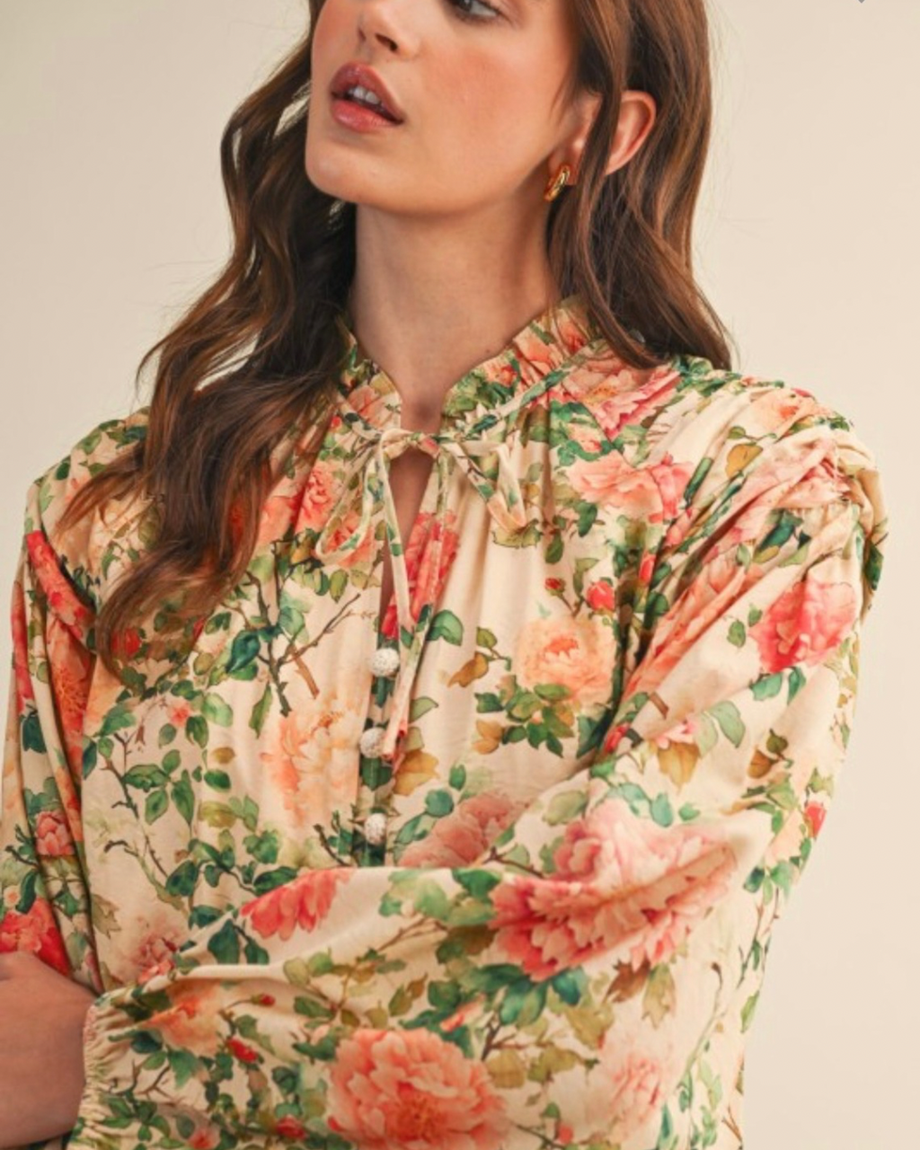 Pre Order: Floral Ruched Beaded Button Down
