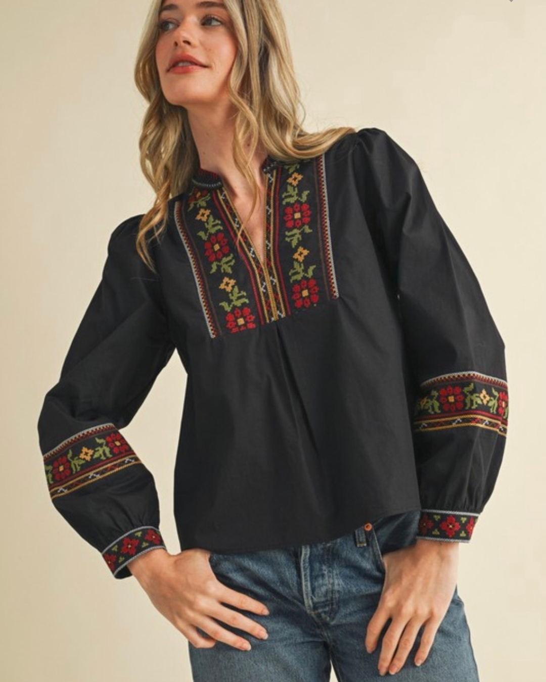 Cross Stitch Embroidered Puff Sleeve Top