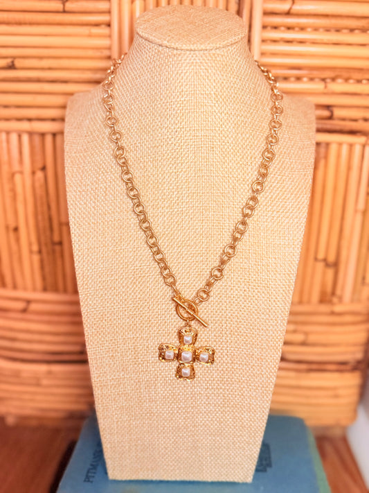 Mini Pearl Cross Necklace