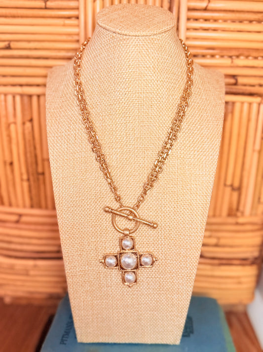 Double Chain Peal Cross Toggle Necklace