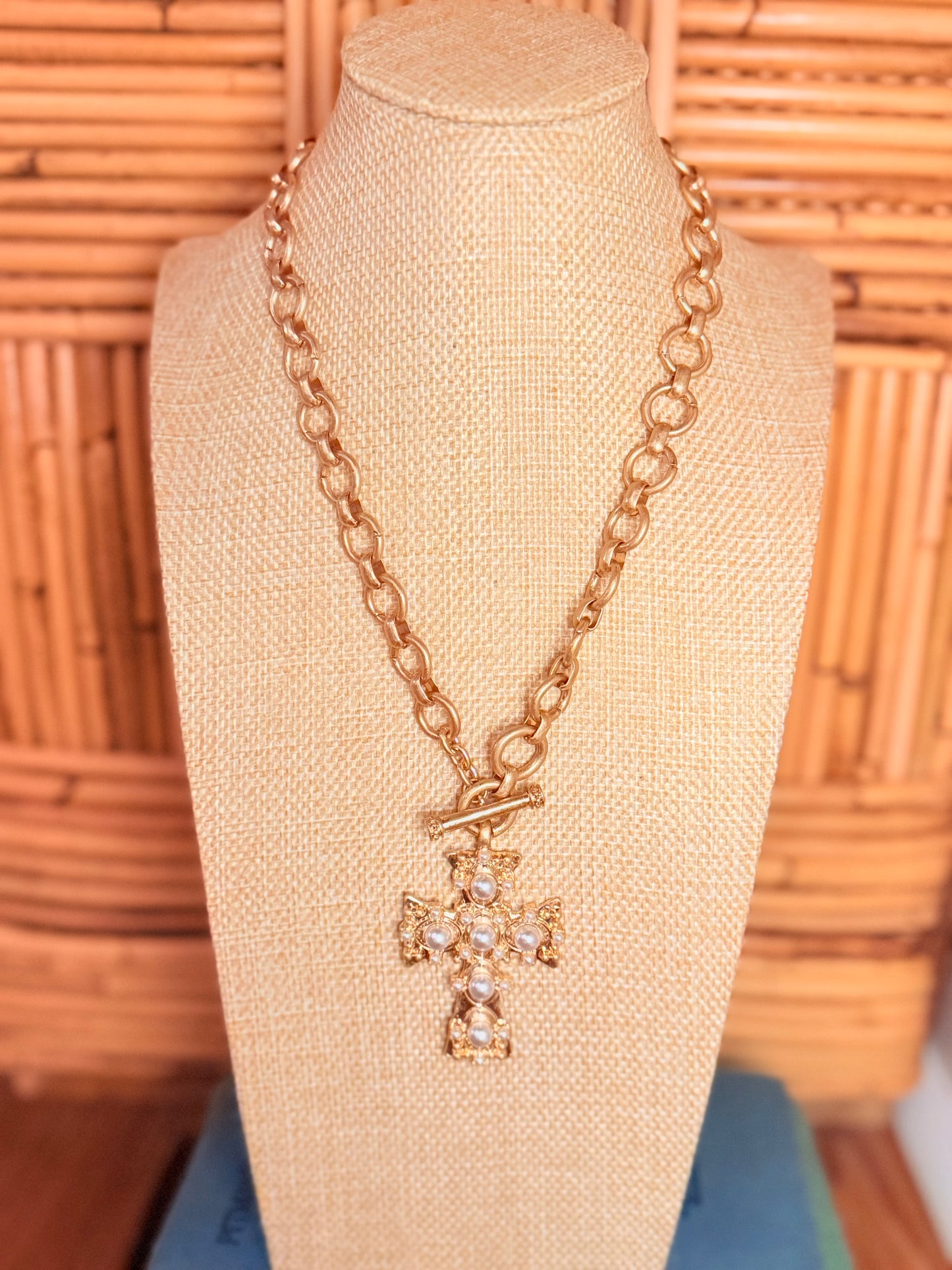 Fancy Smancy Pearl Cross Toggle Necklace
