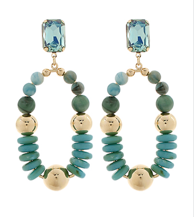 Bead & Pearl Hoops Turquoise & Gold