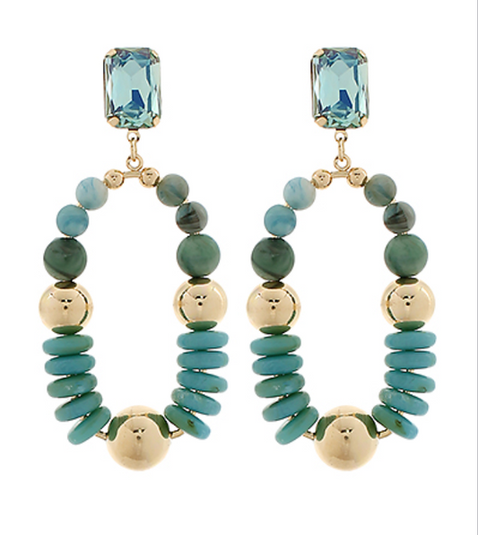 Bead & Pearl Hoops Turquoise & Gold