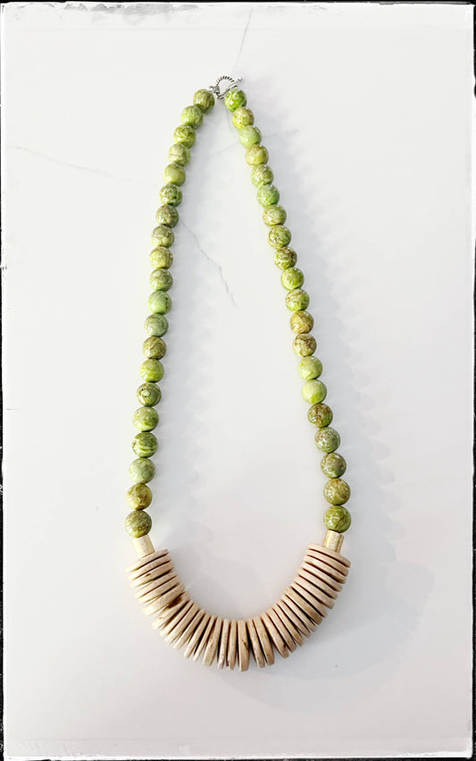 Short Wood African Turquoise Bead Necklace Coconut Green