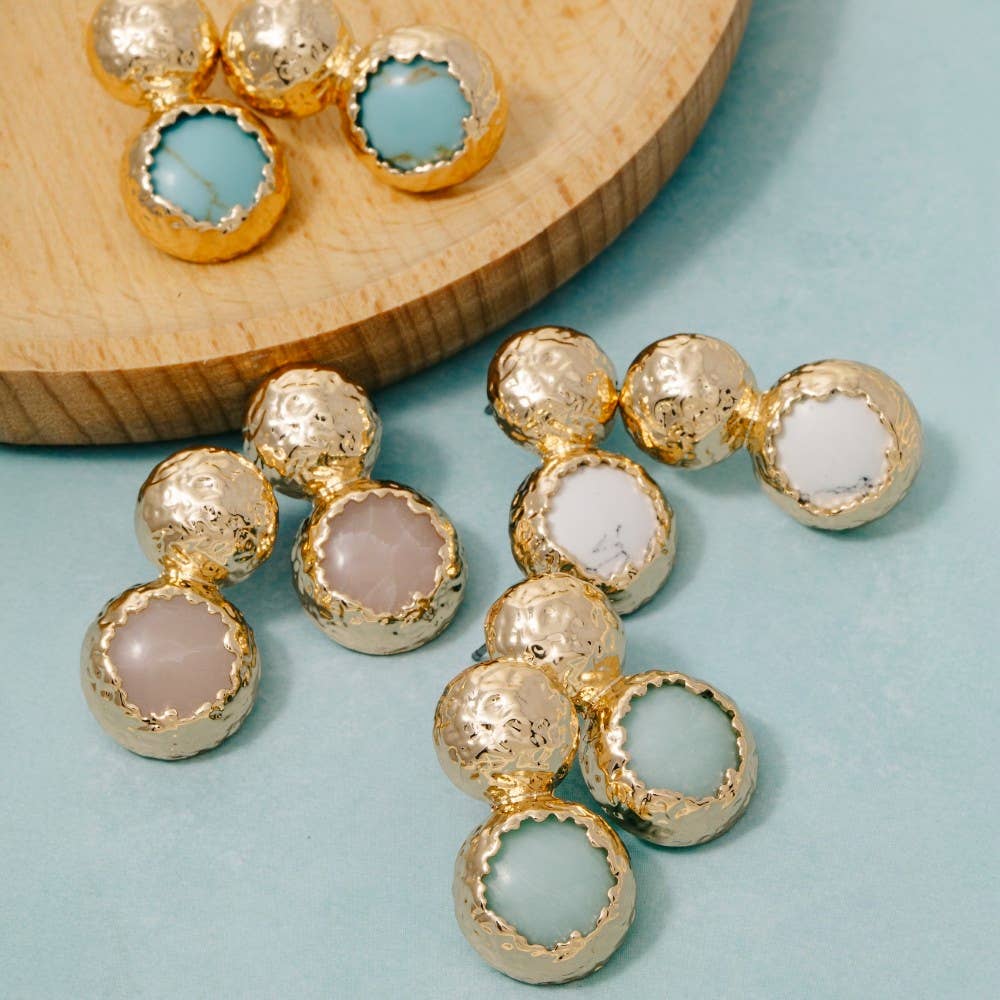 Hammered Dome And Stone Stud Dangle Earrings