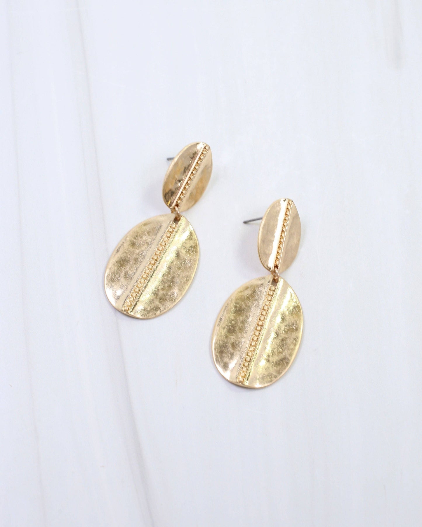 Averie Hammered Oval Drop Earring Worn Gold
