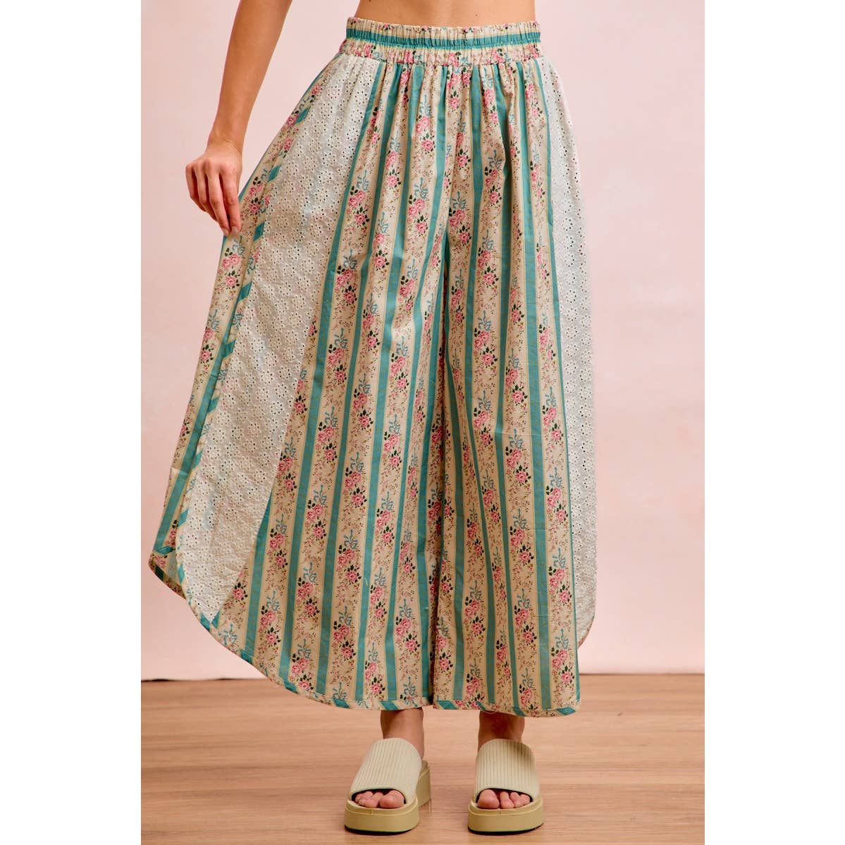 FLORAL EYELET SIDE ELASTIC WAIST WIDE LEG PANTS