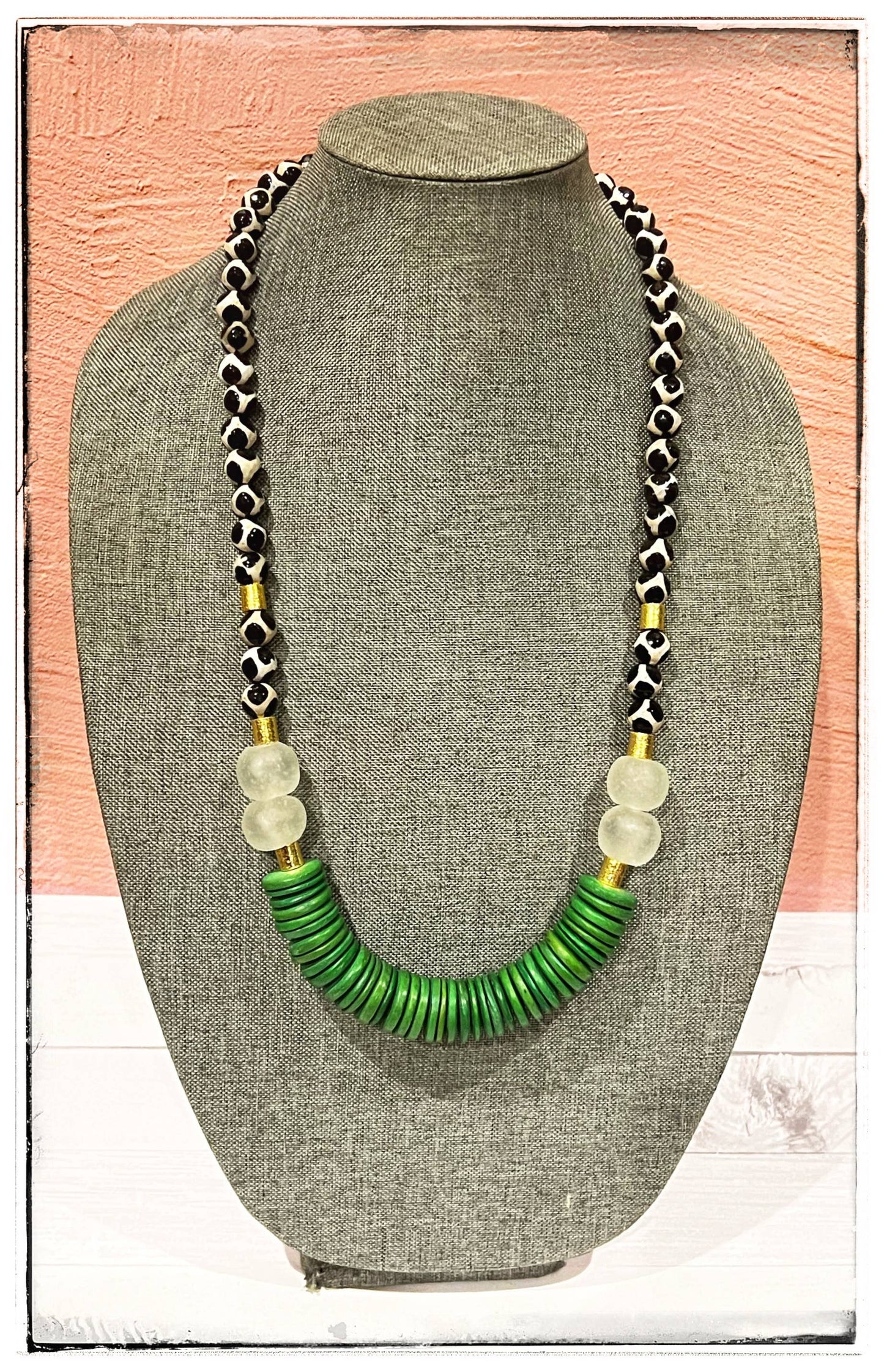 Ceramic Black Giraffe Glass & Coconut Wood Bead Necklace