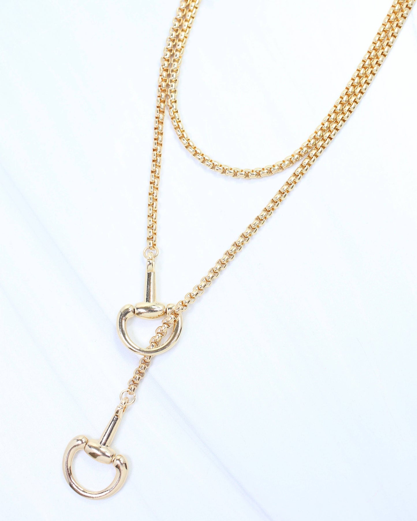 Ellen Horsebit Long Lariat Chain Necklace Gold