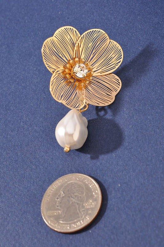 FLOWER PEARL BEAD LINK DANGLE EARRINGS
