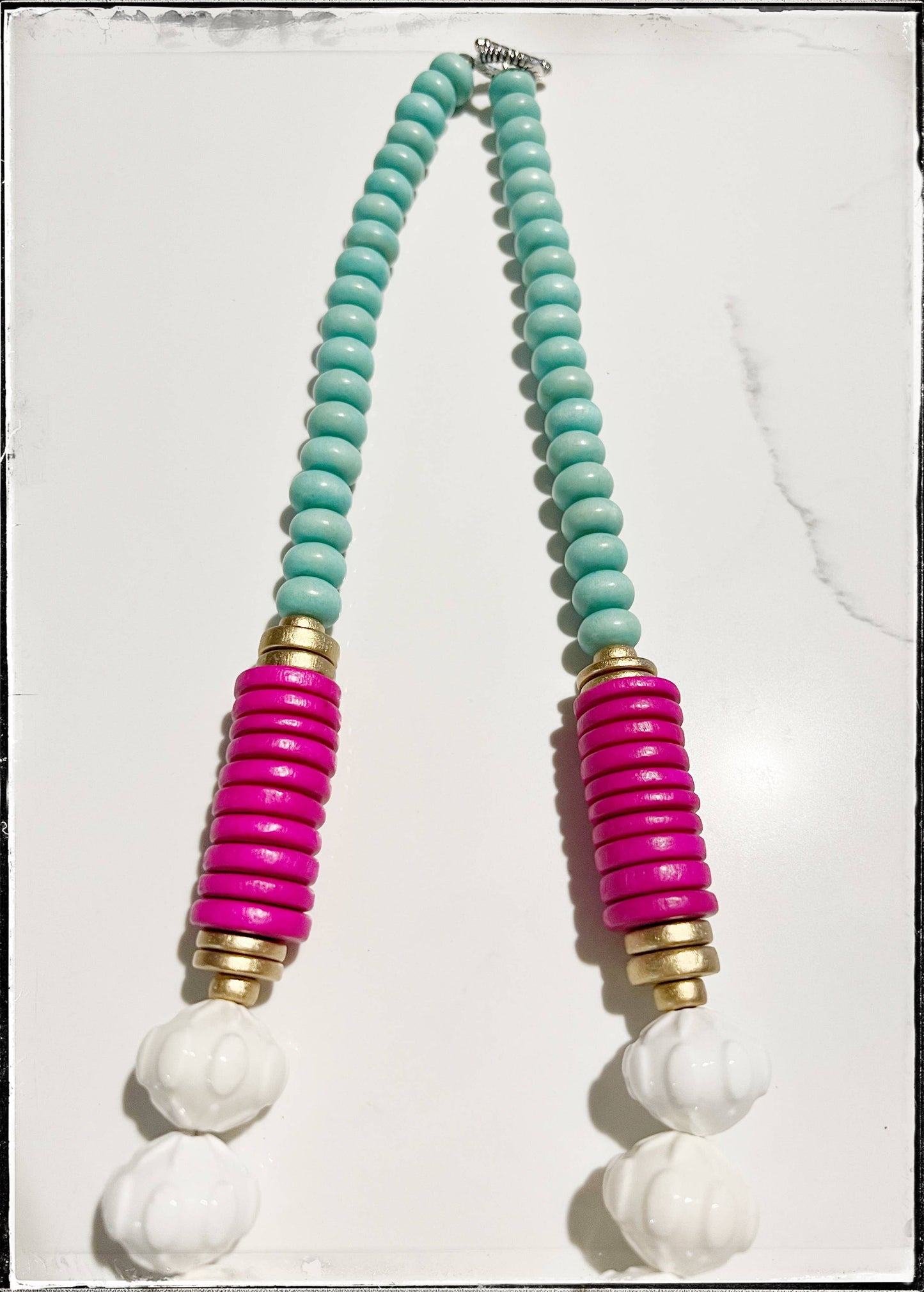 White Ceramic Glass Beads & Pink Coconut Wood Bead Necklace