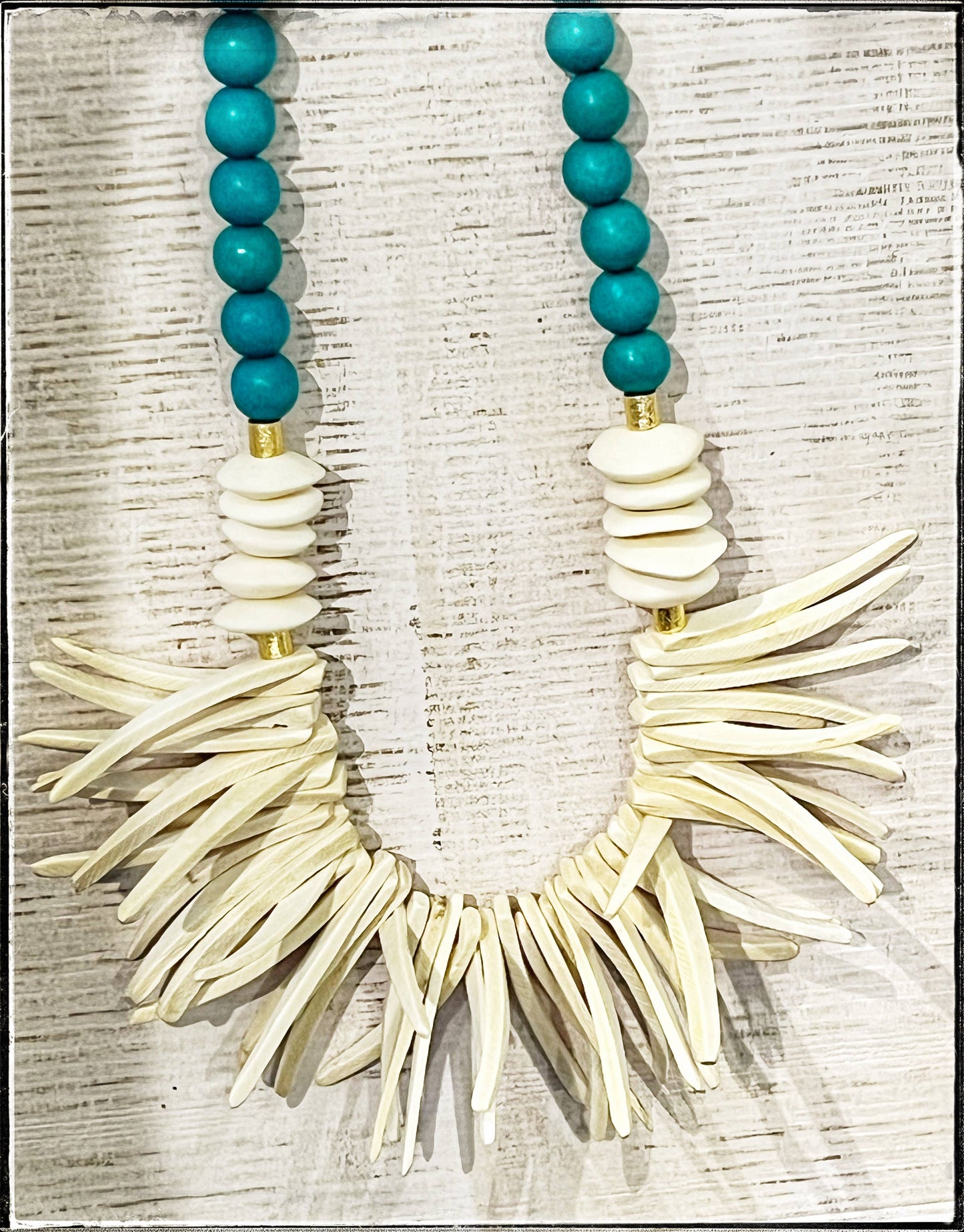 African Bone Disk Bead & Turquoise Wood Stick Bead Necklace