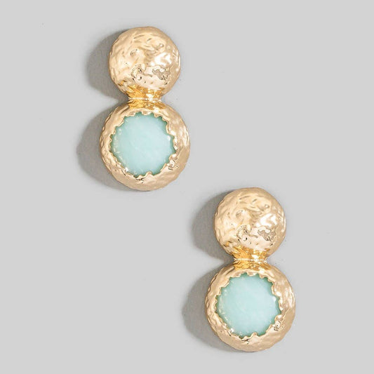 Hammered Dome And Stone Stud Dangle Earrings